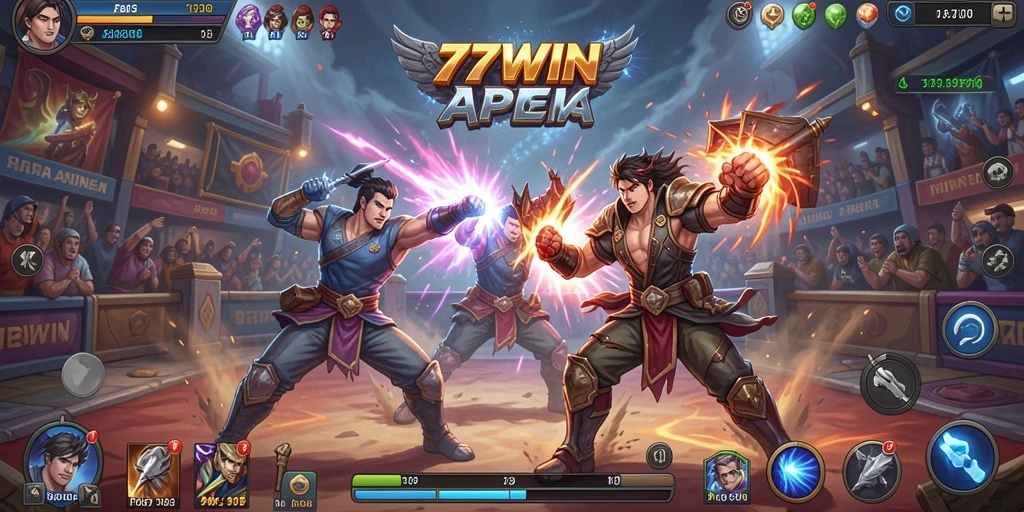 Tangkapan layar game 77WIN menampilkan aksi pertarungan yang mendebarkan.