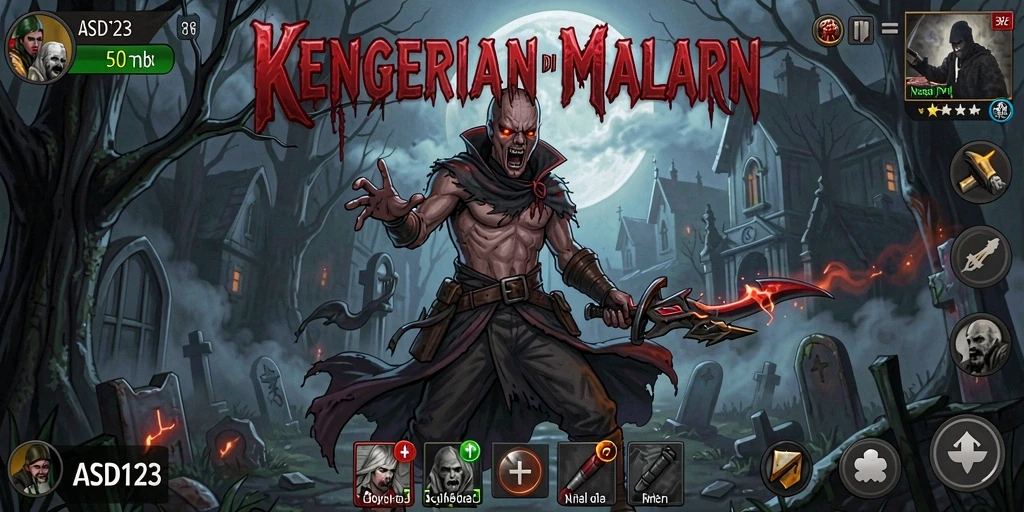 Screenshot menampilkan gameplay horor mencekam dengan suasana gelap.