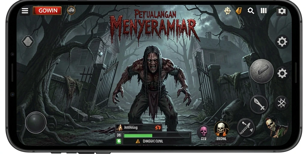 Screenshot gameplay GOWIN menampilkan makhluk-makhluk menyeramkan dalam suasana mencekam.
